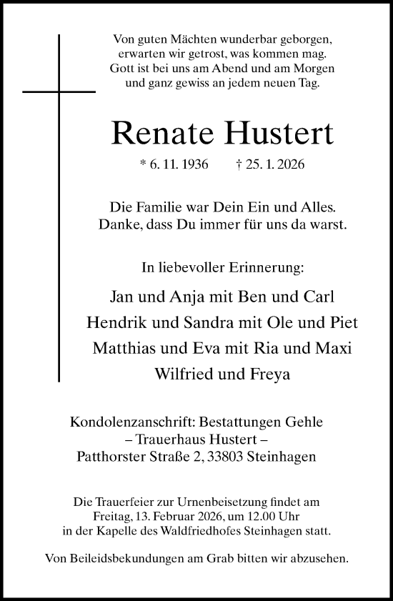 Traueranzeige von Renate Hustert von Neue Westfälische und Westfalen-Blatt