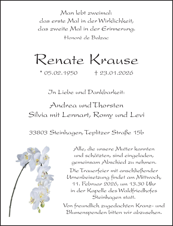 Traueranzeige von Renate Krause von Neue Westfälische und Westfalen-Blatt