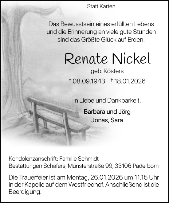 Traueranzeige von Renate Nickel von Neue Westfälische und Westfalen-Blatt