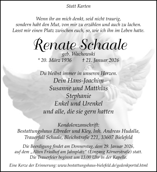 Traueranzeige von Renate Schaale von Neue Westfälische und Westfalen-Blatt