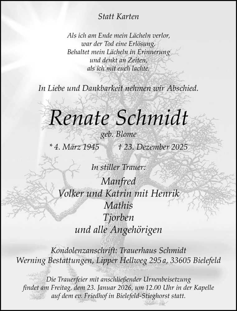  Traueranzeige für Renate Schmidt vom 17.01.2026 aus Neue Westfälische und Westfalen-Blatt