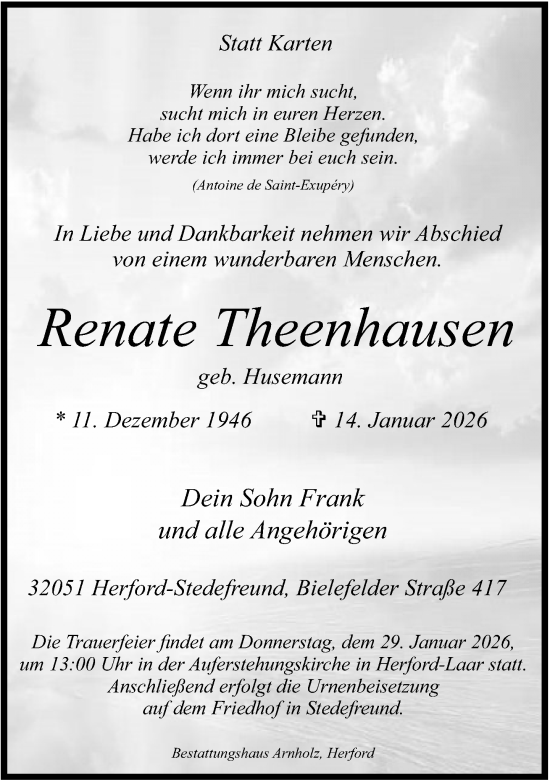 Traueranzeige von Renate Theenhausen von Neue Westfälische und Westfalen-Blatt