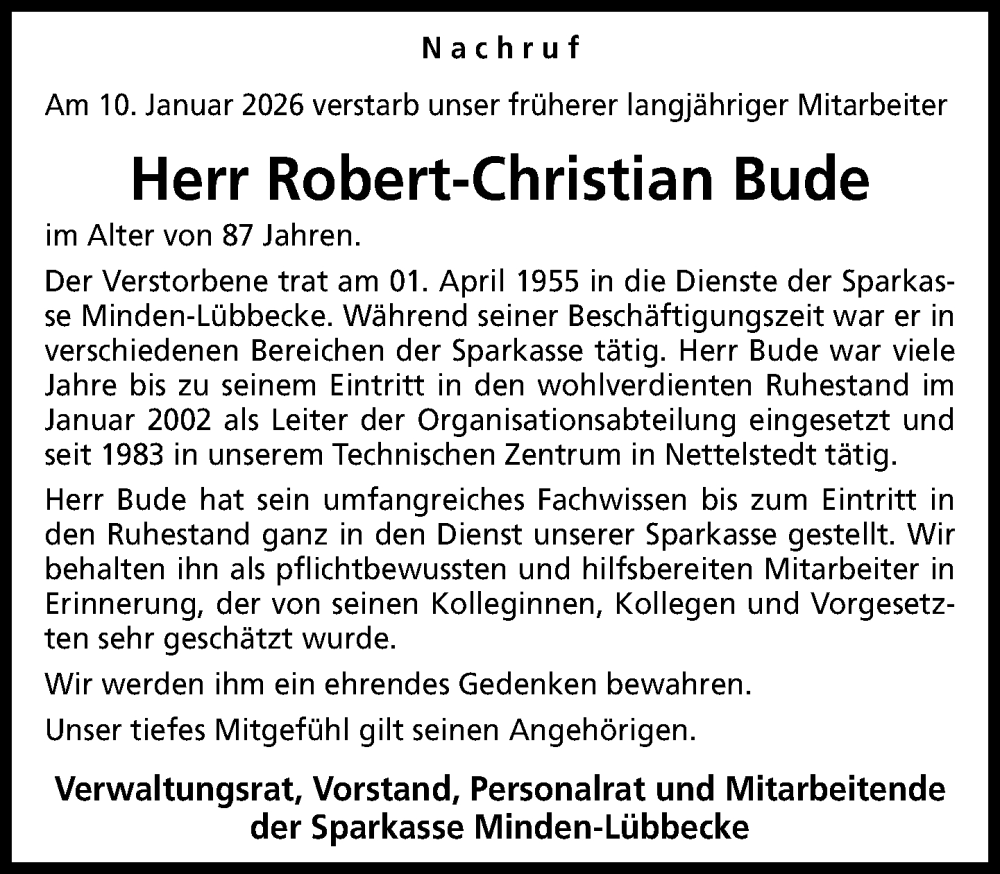  Traueranzeige für Robert-Christian Bude vom 31.01.2026 aus Neue Westfälische und Westfalen-Blatt