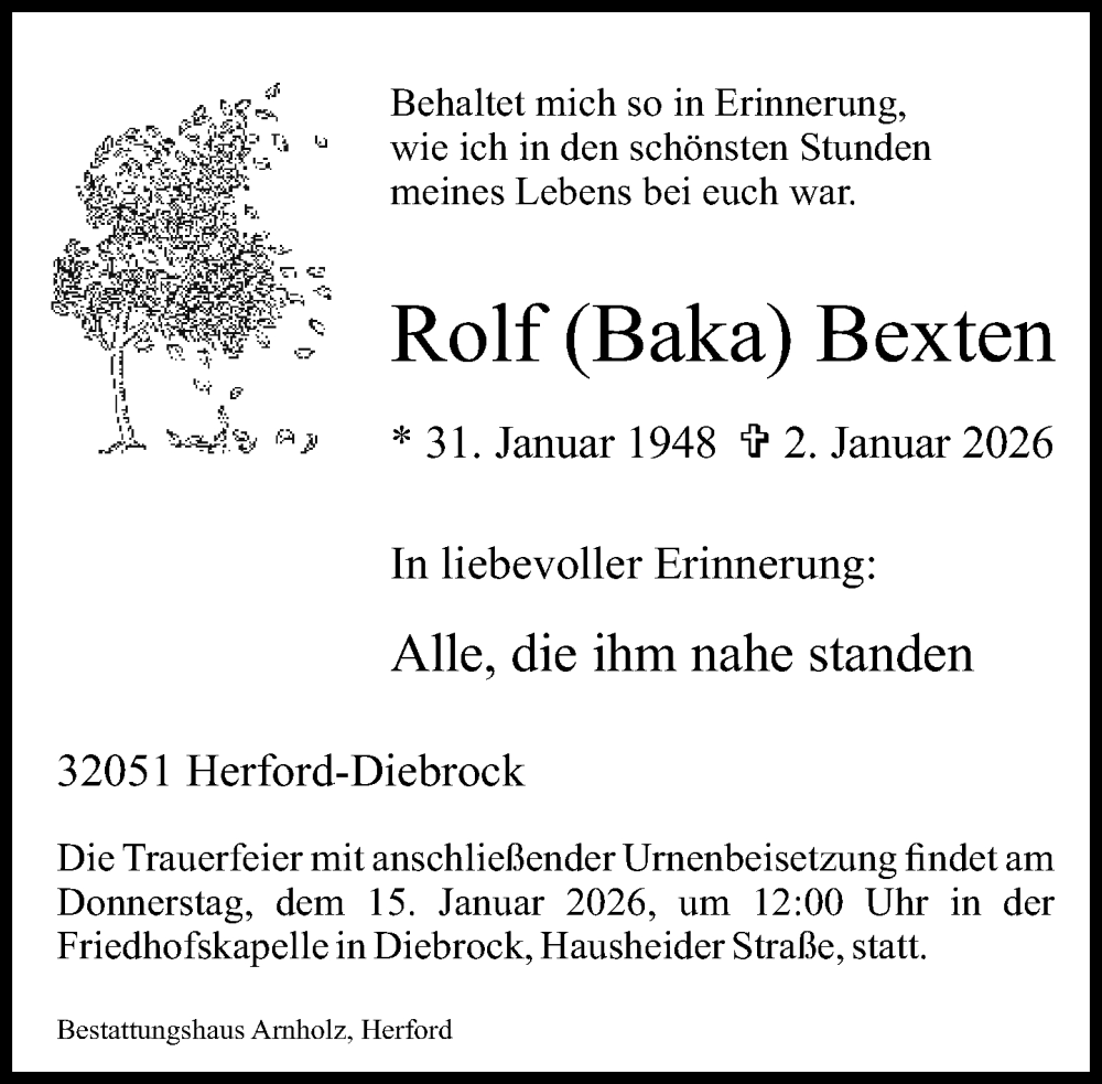  Traueranzeige für Rolf Bexten vom 10.01.2026 aus Neue Westfälische und Westfalen-Blatt
