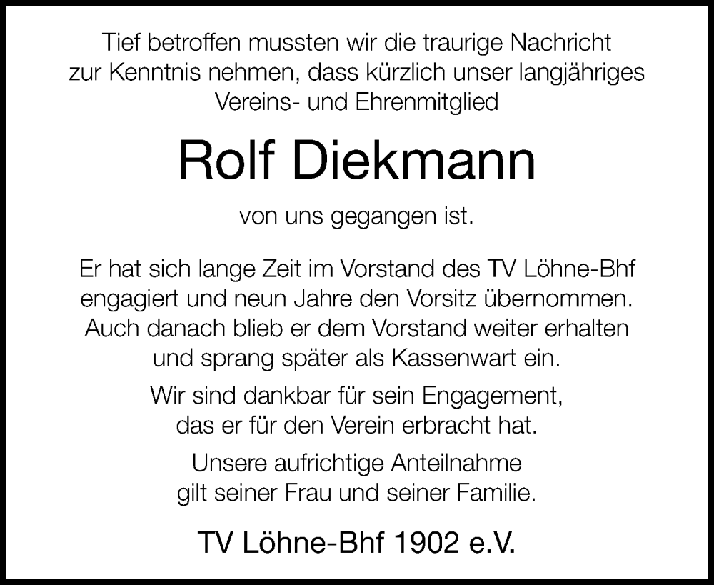  Traueranzeige für Rolf Diekmann vom 20.01.2026 aus Neue Westfälische und Westfalen-Blatt