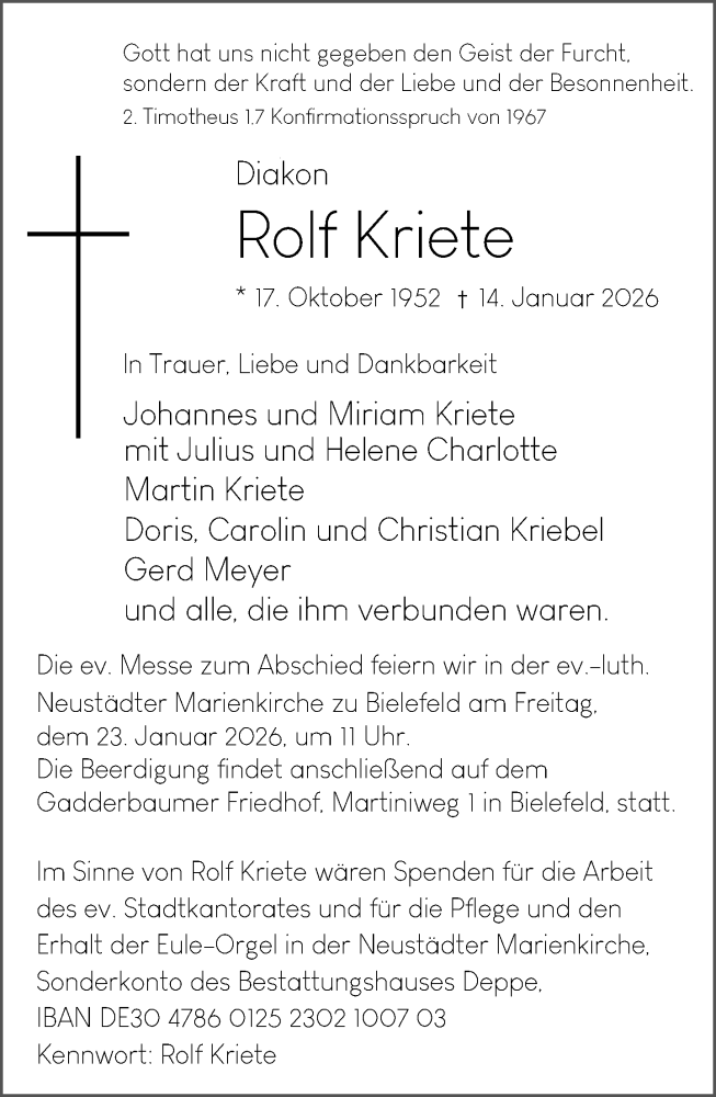  Traueranzeige für Rolf Kriete vom 17.01.2026 aus Neue Westfälische und Westfalen-Blatt