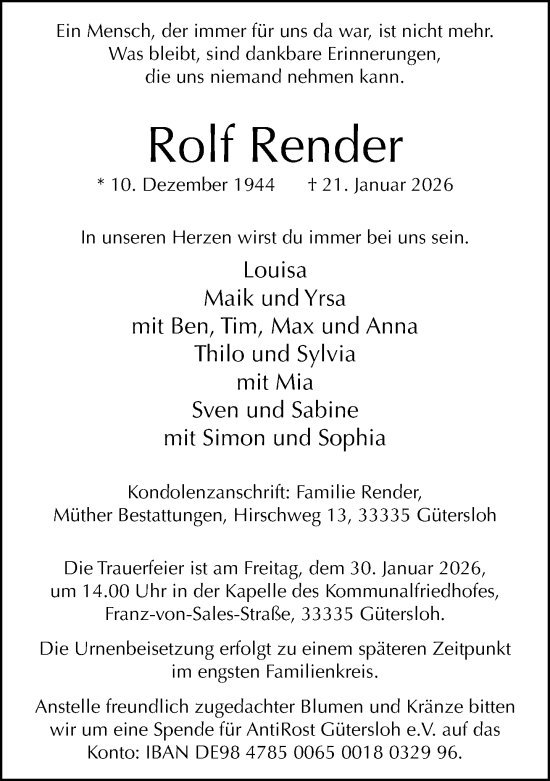 Traueranzeige von Rolf Render von Neue Westfälische und Westfalen-Blatt