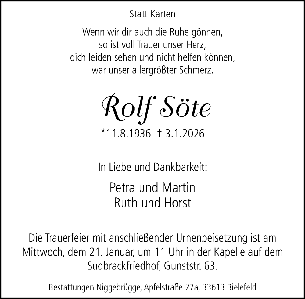  Traueranzeige für Rolf Söte vom 10.01.2026 aus Neue Westfälische und Westfalen-Blatt