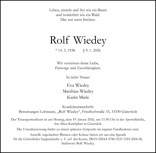 Traueranzeige von Rolf Wiedey von Neue Westfälische und Westfalen-Blatt