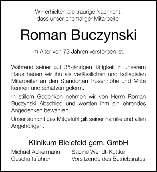 Traueranzeige von Roman Buczynski von Neue Westfälische und Westfalen-Blatt