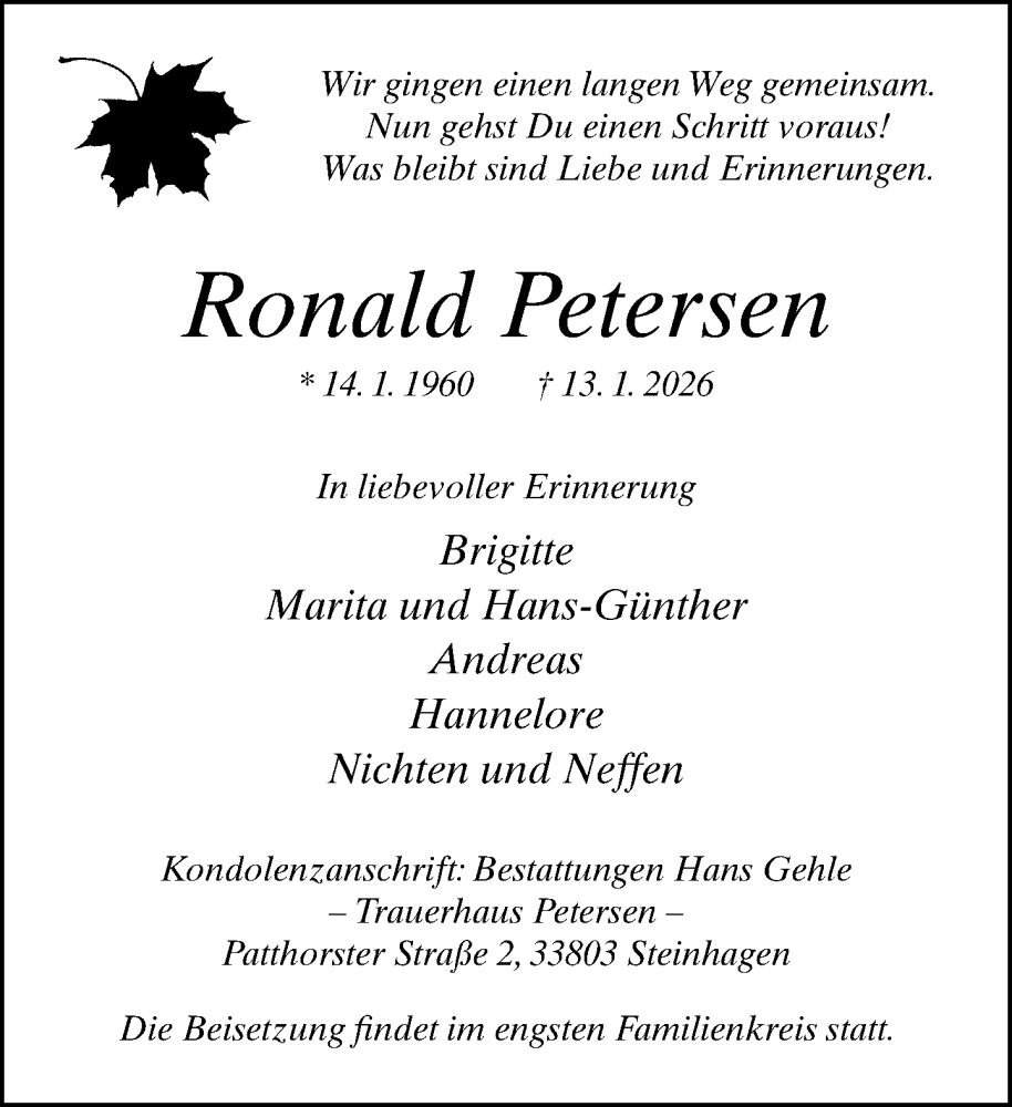  Traueranzeige für Ronald Petersen vom 24.01.2026 aus Neue Westfälische und Westfalen-Blatt