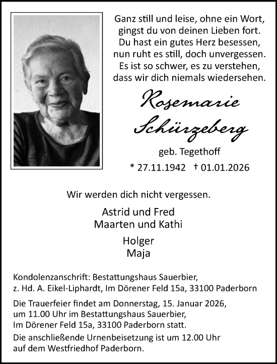 Traueranzeige von Rosemarie Schürzeberg von Neue Westfälische und Westfalen-Blatt