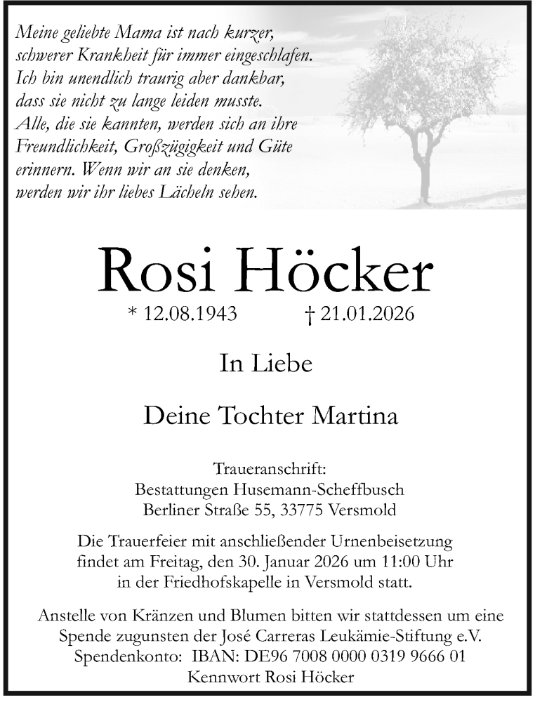  Traueranzeige für Rosi Höcker vom 26.01.2026 aus Neue Westfälische und Westfalen-Blatt