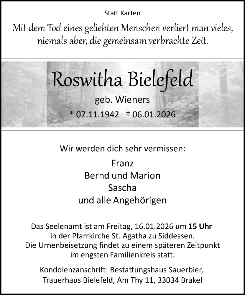  Traueranzeige für Roswitha Bielefeld vom 13.01.2026 aus Neue Westfälische und Westfalen-Blatt