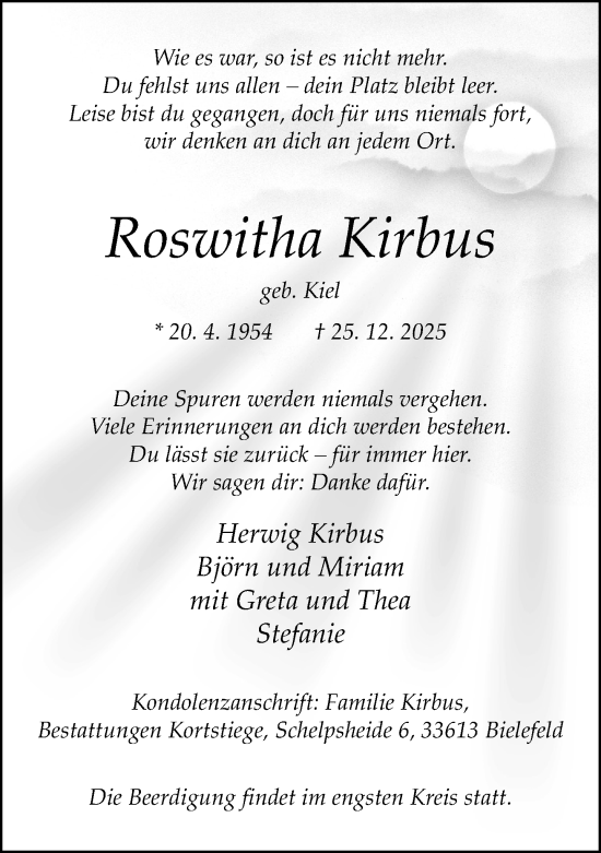 Traueranzeige von Roswitha Kirbus von Neue Westfälische und Westfalen-Blatt