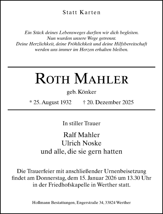 Traueranzeige von Roth Mahler von Neue Westfälische und Westfalen-Blatt
