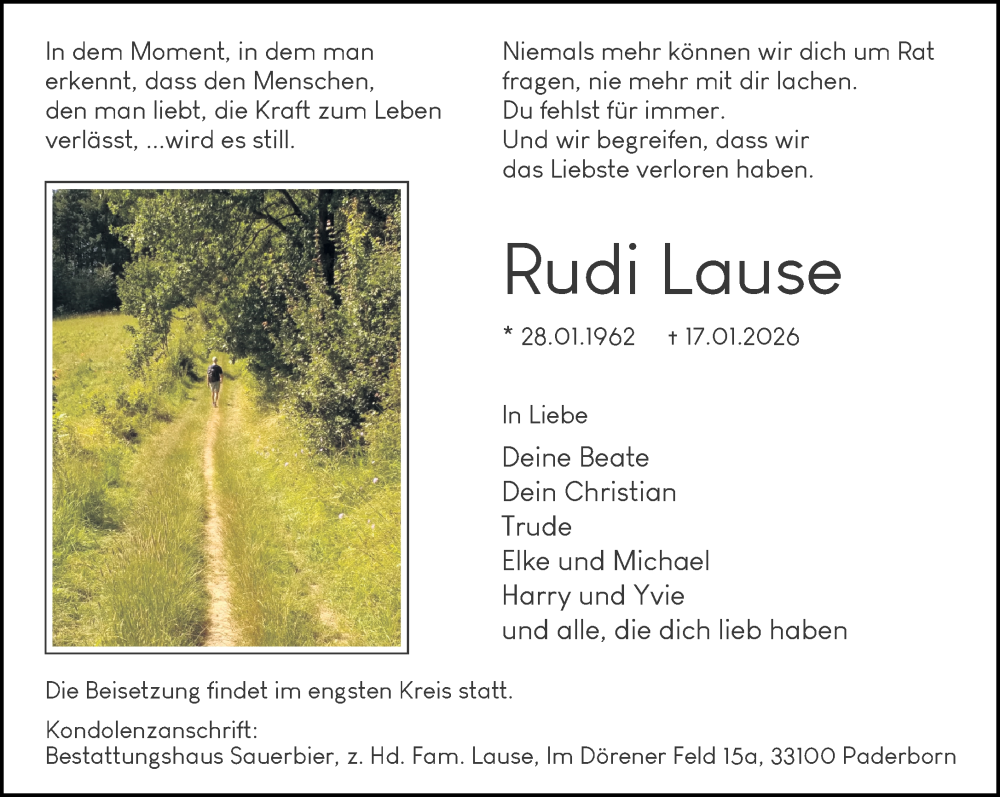  Traueranzeige für Rudi Lause vom 24.01.2026 aus Neue Westfälische und Westfalen-Blatt