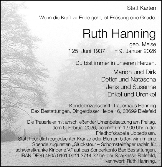 Traueranzeige von Ruth Hanning von Neue Westfälische und Westfalen-Blatt