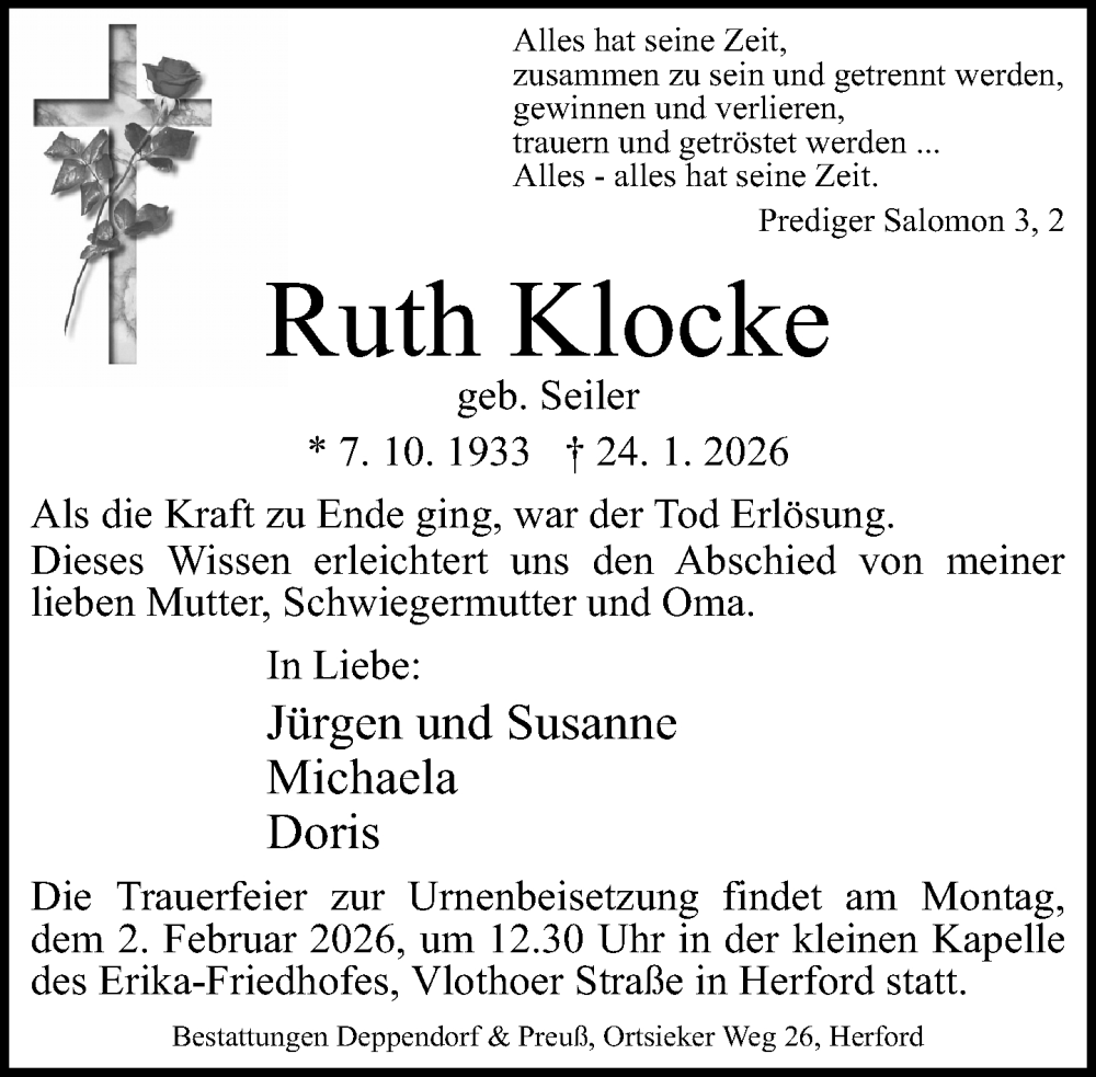  Traueranzeige für Ruth Klocke vom 28.01.2026 aus Neue Westfälische und Westfalen-Blatt