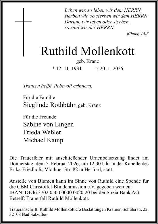 Traueranzeige von Ruthild Mollenkott von Neue Westfälische und Westfalen-Blatt