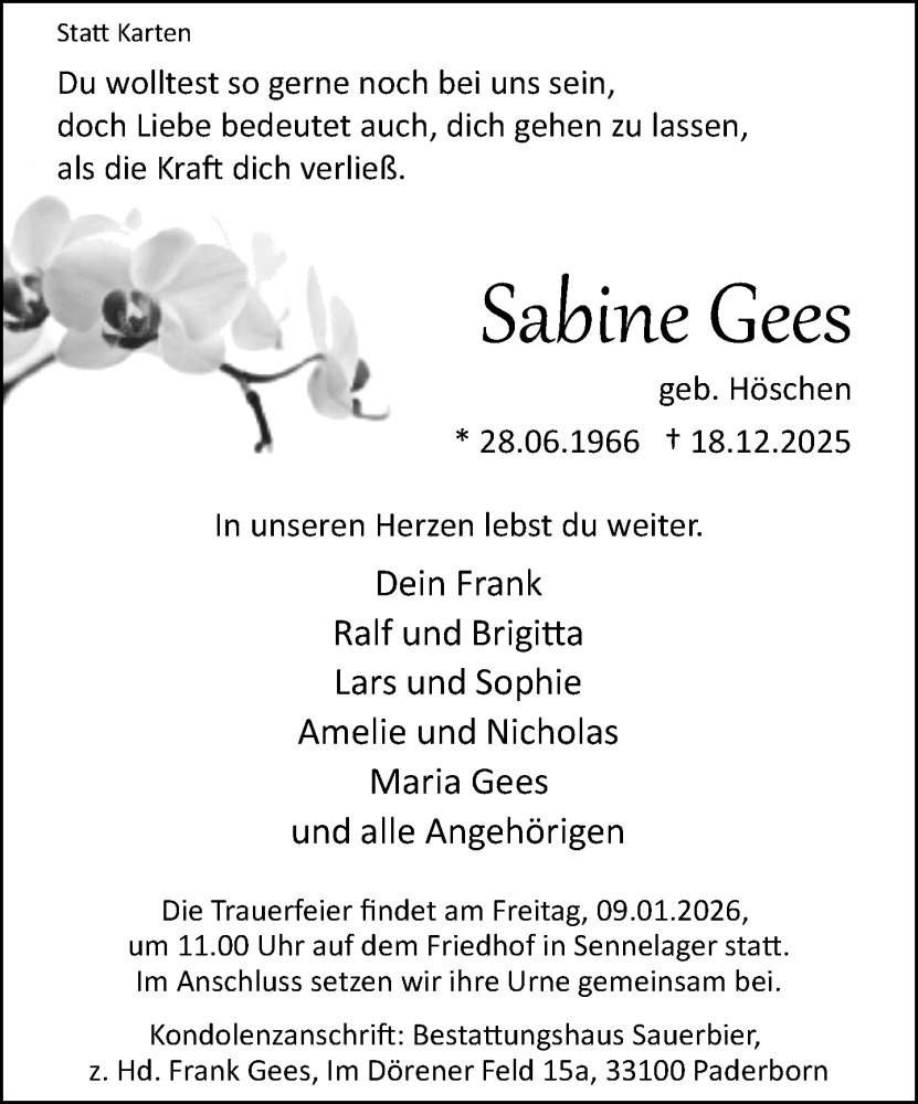  Traueranzeige für Sabine Gees vom 03.01.2026 aus Neue Westfälische und Westfalen-Blatt