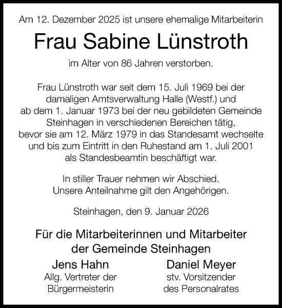 Traueranzeige von Sabine Lünstroth von Neue Westfälische und Westfalen-Blatt