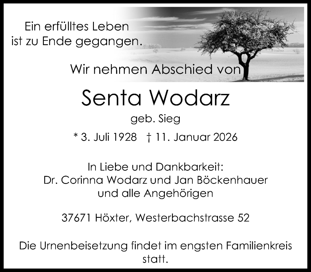  Traueranzeige für Senta Wodarz vom 17.01.2026 aus Neue Westfälische und Westfalen-Blatt