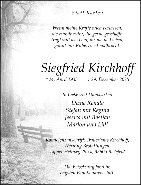 Traueranzeige von Siegfried Kirchhoff von Neue Westfälische und Westfalen-Blatt