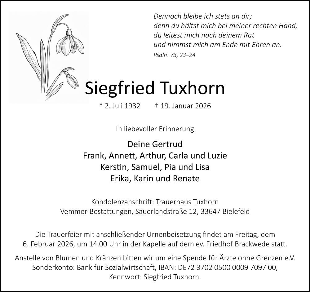 Traueranzeige für Siegfried Tuxhorn vom 31.01.2026 aus Neue Westfälische und Westfalen-Blatt