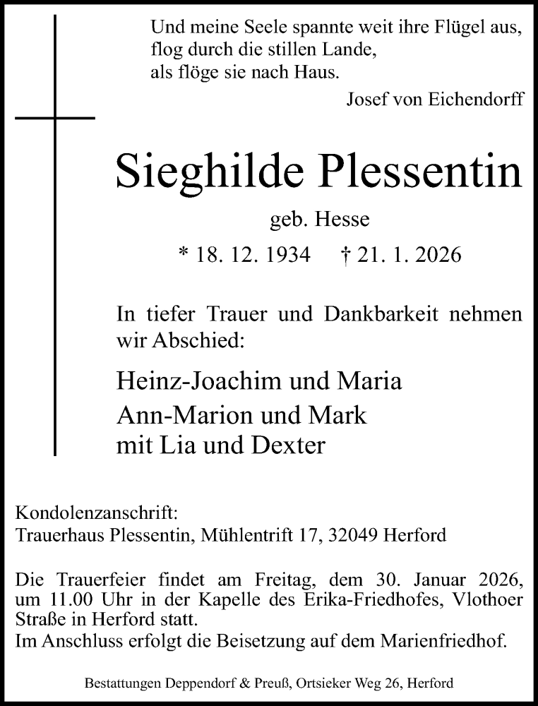  Traueranzeige für Sieghilde Plessentin vom 24.01.2026 aus Neue Westfälische und Westfalen-Blatt