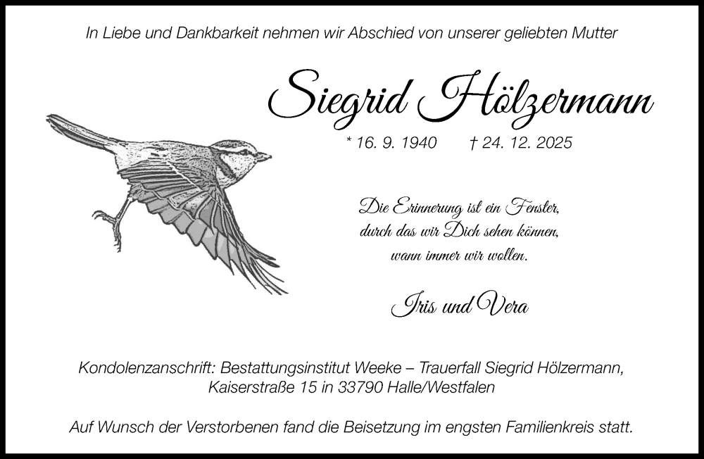  Traueranzeige für Siegrid Hölzermann vom 28.01.2026 aus Neue Westfälische und Westfalen-Blatt