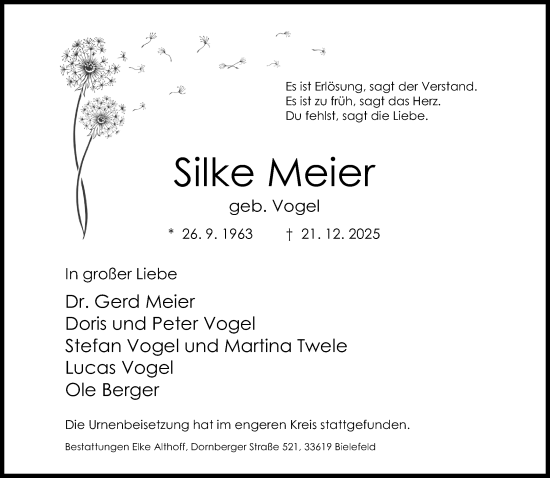 Traueranzeige von Silke Meier von Neue Westfälische und Westfalen-Blatt