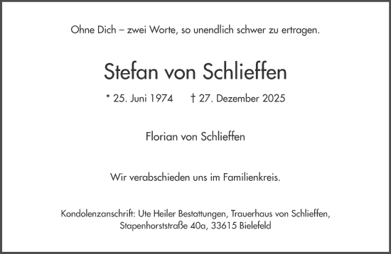 Traueranzeige von Stefan von Schlieffen von Neue Westfälische und Westfalen-Blatt