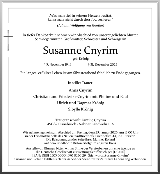 Traueranzeige von Susanne Cnyrim von Neue Westfälische und Westfalen-Blatt