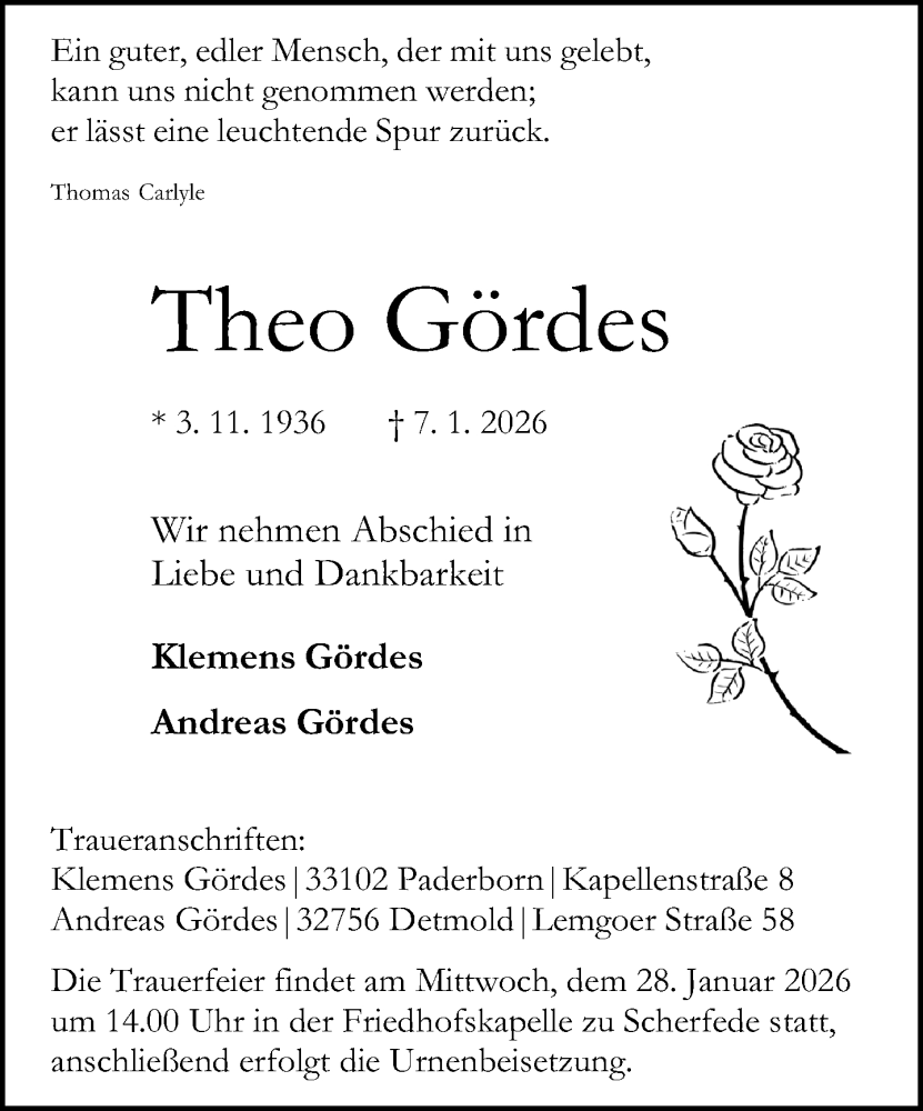  Traueranzeige für Theo Gördes vom 17.01.2026 aus Neue Westfälische und Westfalen-Blatt