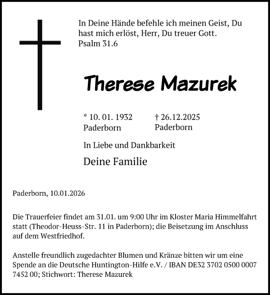 Traueranzeige von Therese Mazurek von Neue Westfälische und Westfalen-Blatt
