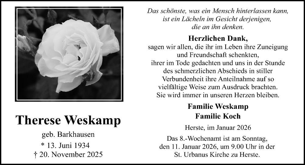 Traueranzeige für Therese Weskamp vom 03.01.2026 aus Neue Westfälische und Westfalen-Blatt