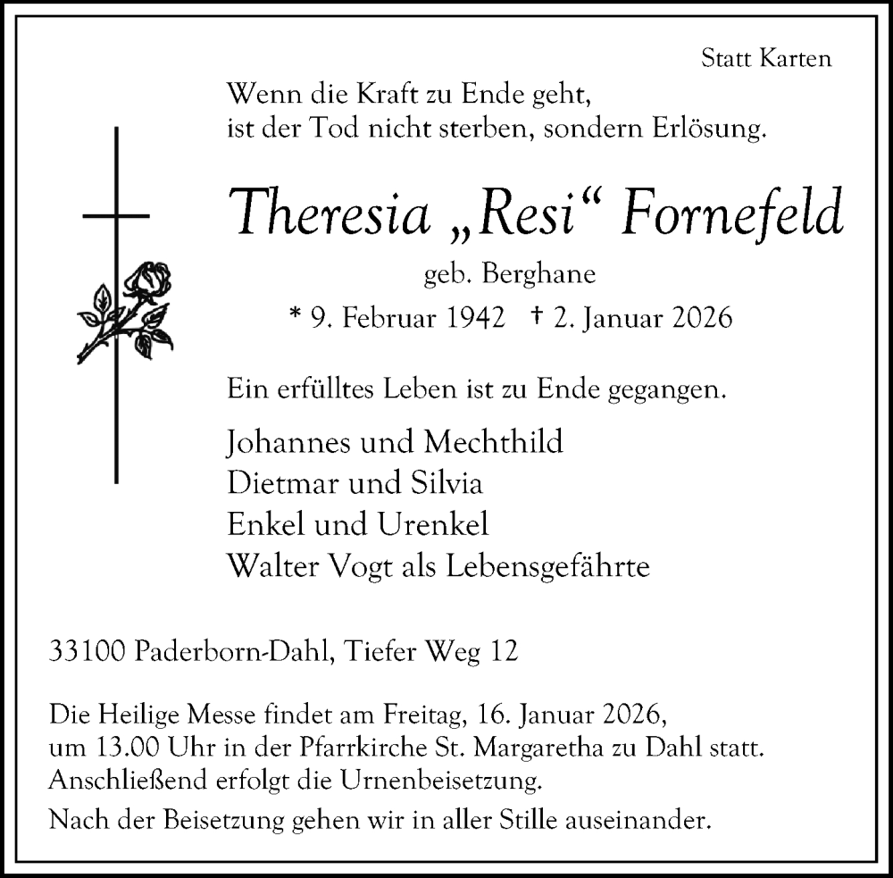  Traueranzeige für Theresia Fornefeld vom 10.01.2026 aus Neue Westfälische und Westfalen-Blatt