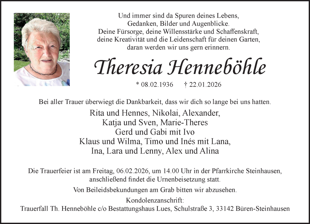  Traueranzeige für Theresia Henneböhle vom 31.01.2026 aus Neue Westfälische und Westfalen-Blatt