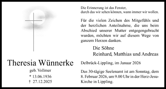 Traueranzeige von Theresia Wünnerke von Neue Westfälische und Westfalen-Blatt