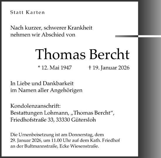 Traueranzeige von Thomas Bercht von Neue Westfälische und Westfalen-Blatt