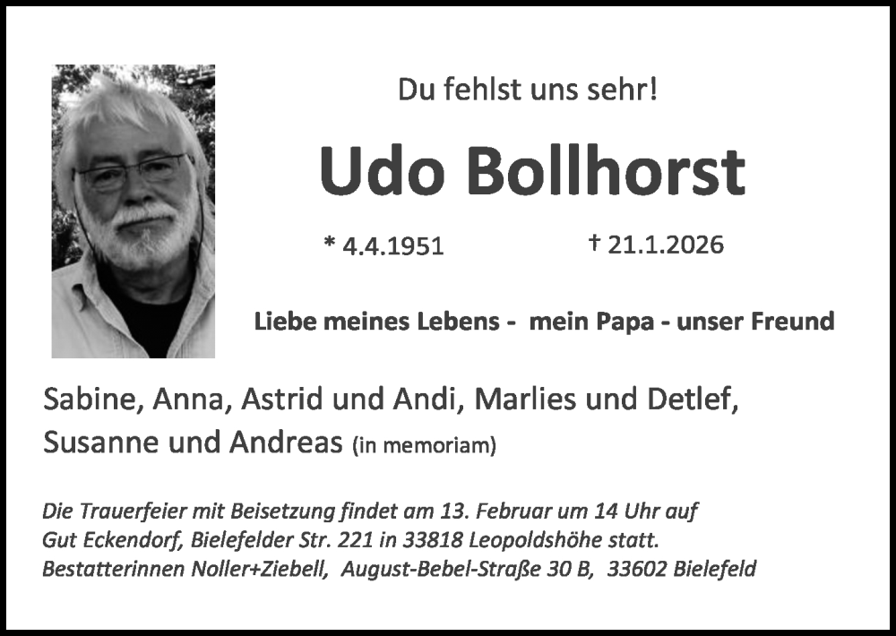  Traueranzeige für Udo Bollhorst vom 31.01.2026 aus Neue Westfälische und Westfalen-Blatt