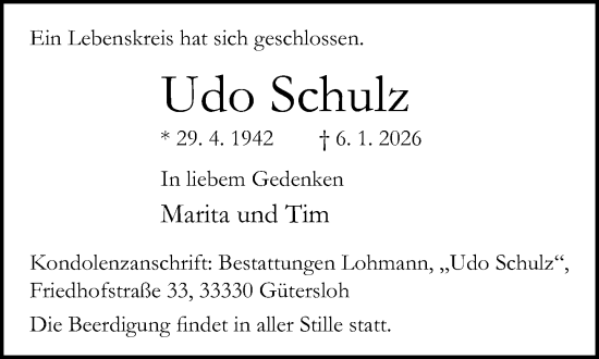 Traueranzeige von Udo Schulz von Neue Westfälische und Westfalen-Blatt