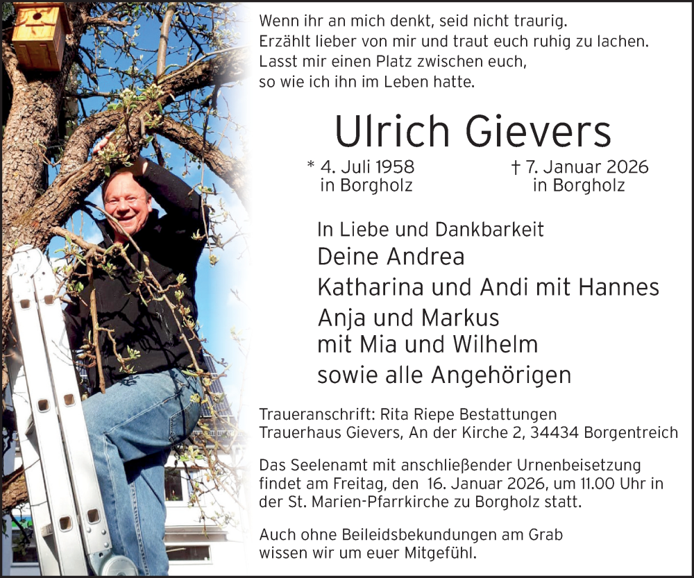  Traueranzeige für Ulrich Gievers vom 14.01.2026 aus Neue Westfälische und Westfalen-Blatt