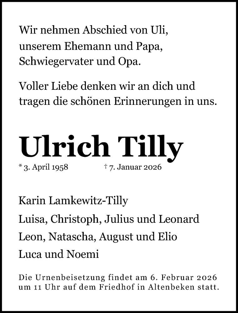  Traueranzeige für Ulrich Tilly vom 17.01.2026 aus Neue Westfälische und Westfalen-Blatt