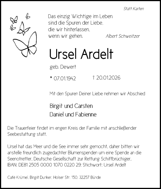 Traueranzeige von Ursel Ardelt von Neue Westfälische und Westfalen-Blatt