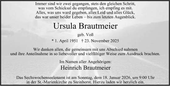 Traueranzeige von Ursula Brautmeier von Neue Westfälische und Westfalen-Blatt