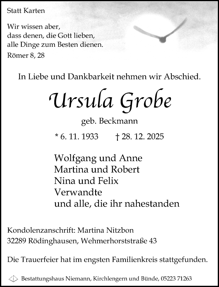  Traueranzeige für Ursula Grobe vom 17.01.2026 aus Neue Westfälische und Westfalen-Blatt