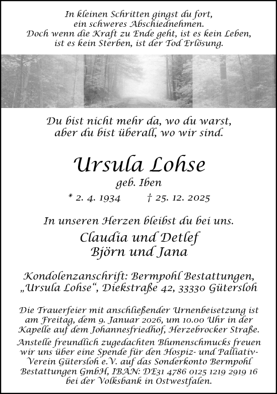 Traueranzeige von Ursula Lohse von Neue Westfälische und Westfalen-Blatt