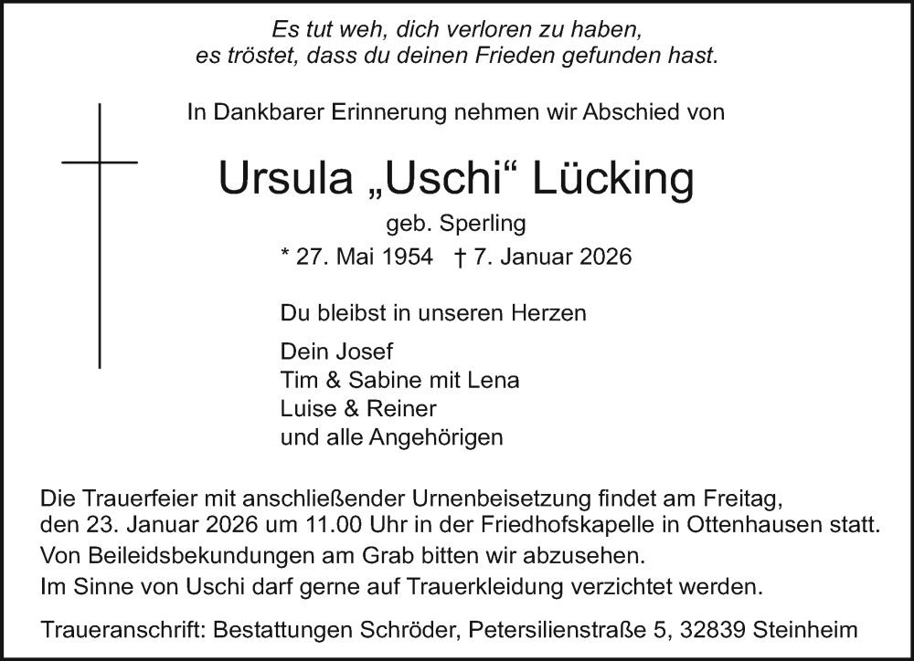  Traueranzeige für Ursula Lücking vom 17.01.2026 aus Neue Westfälische und Westfalen-Blatt